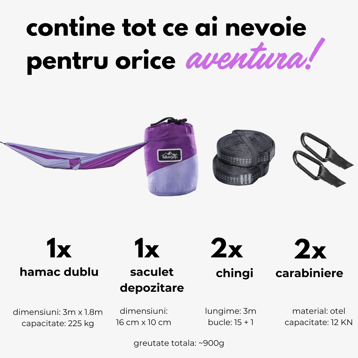 Hamac dublu hikerjoy alpine lavender, set complet: 300 x 180 cm, 225 kg, săculeț, chingi și carabiniere