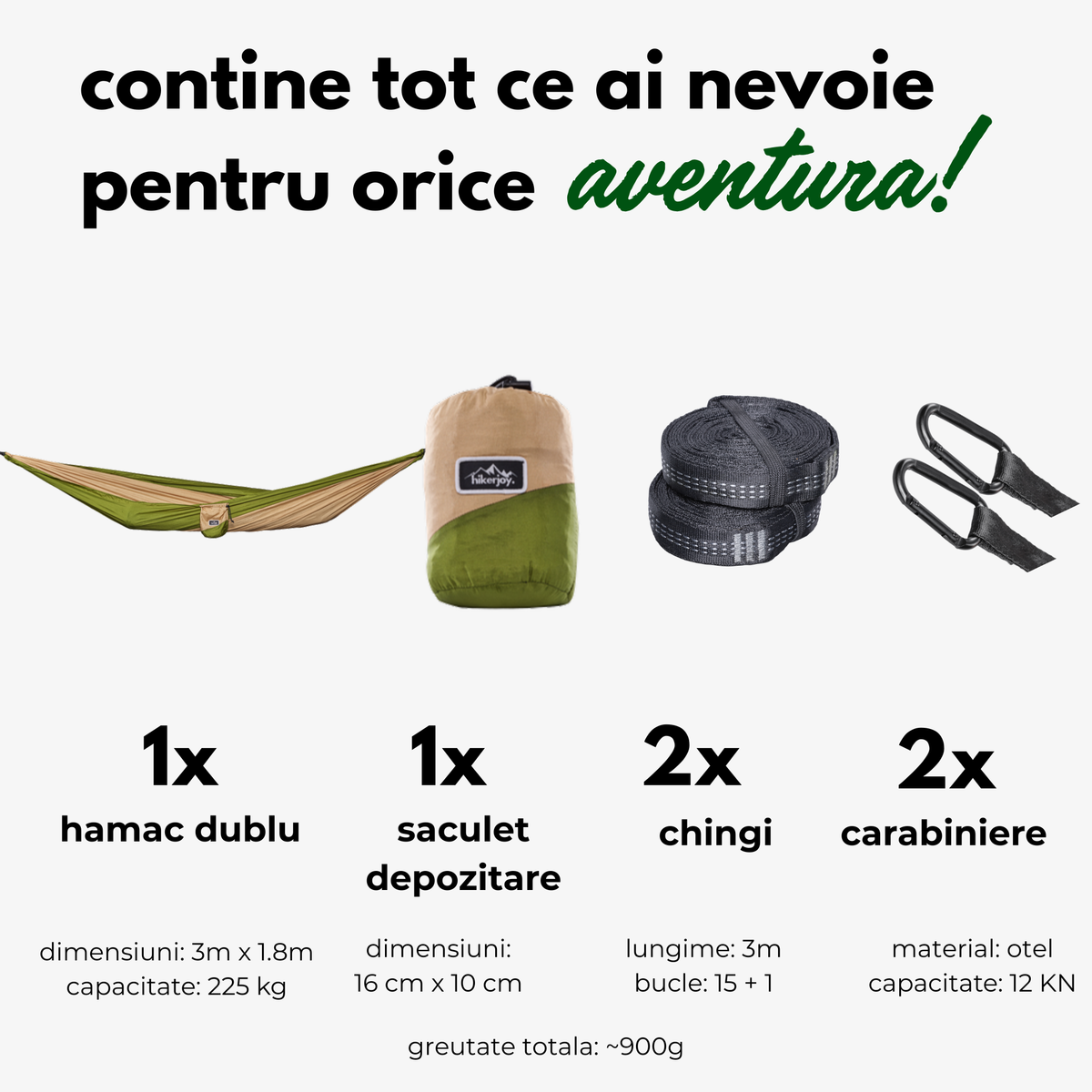 Hamac dublu hikerjoy olive sand, set complet: 300 x 180 cm, 225 kg, săculeț, chingi și carabiniere