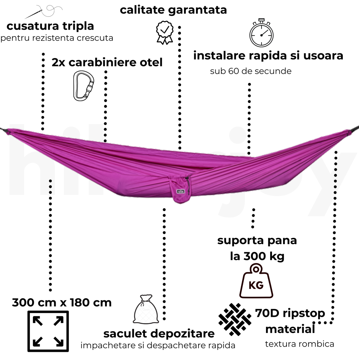 Hamac hikerjoy PRO mov, caracteristici: 300 x 180 cm, 300 kg, ripstop 70D cu textură rombică