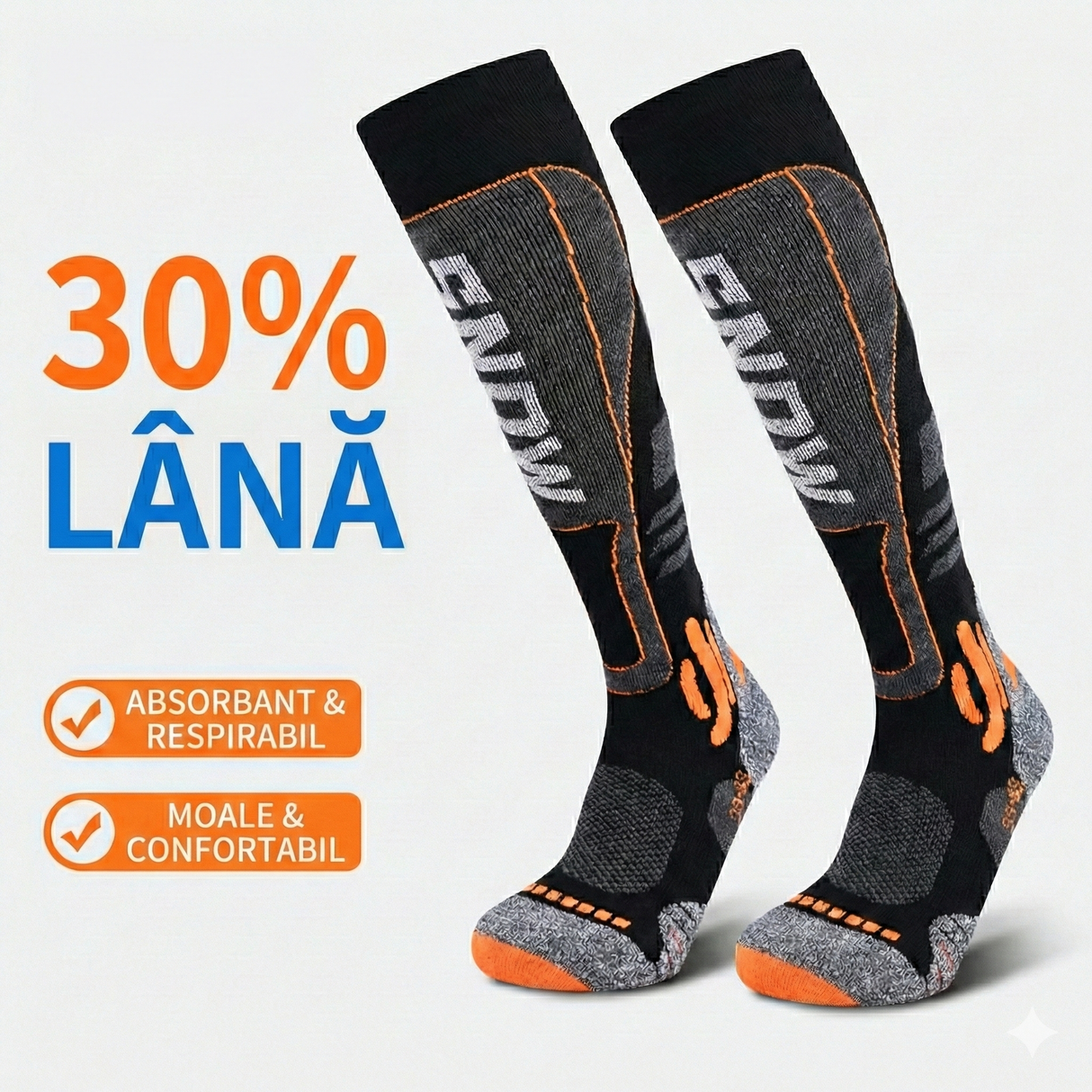 Sosete Ski/snowboard Tehnice 30% Lână merino"SNOW" - Termice & Ergonomice, Unisex (Negru/Portocaliu)