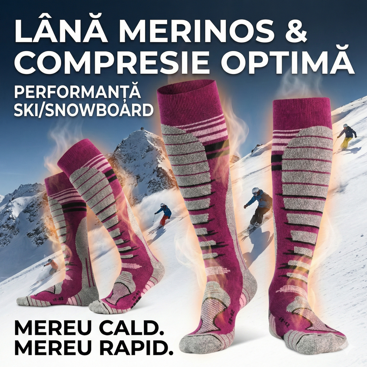 Sosete Schi/Snowboard Premium Lână Merinos. Compresie Gradată, Amortizare Șocuri, Anti-Miros. visiniu .Marime M (35 - 38)