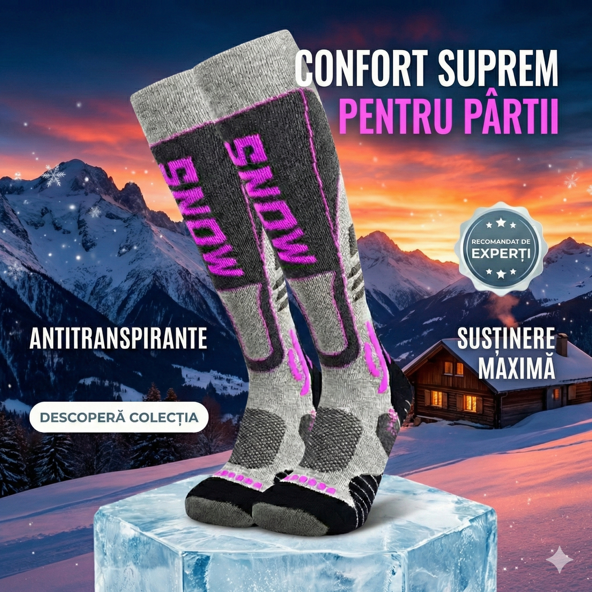 Sosete Ski hikerjoy Femei SNOW – Termice, Ranforsate, Gri/Roz Neon, Marime M