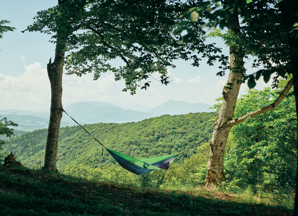 Hamac hikerjoy forest green montat între doi copaci, peisaj montan