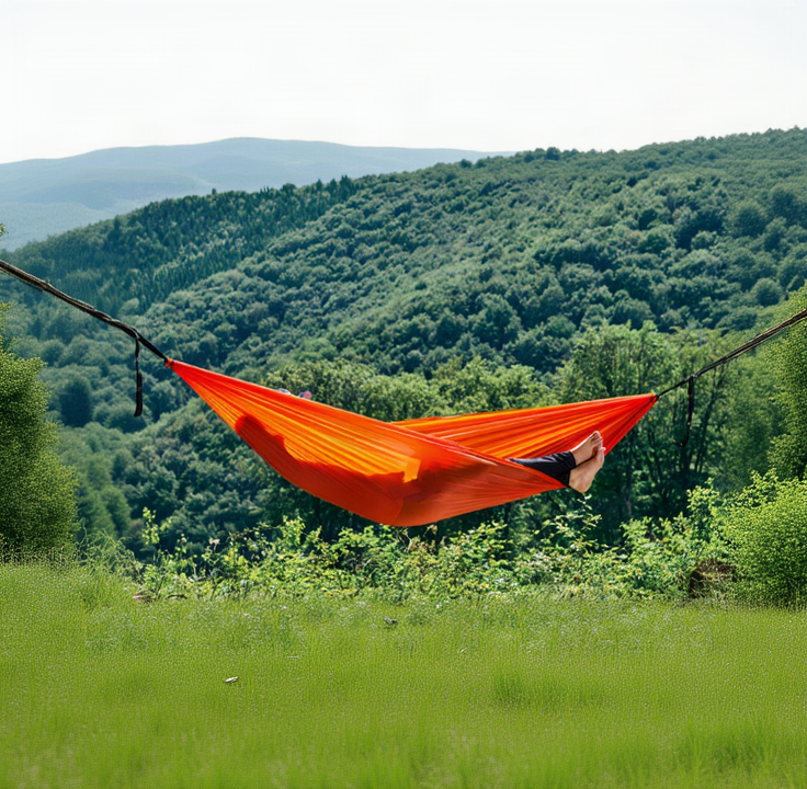Hamac hikerjoy PRO portocaliu, material ripstop 70D rezistent, capacitate 300 kg pentru camping și drumeții