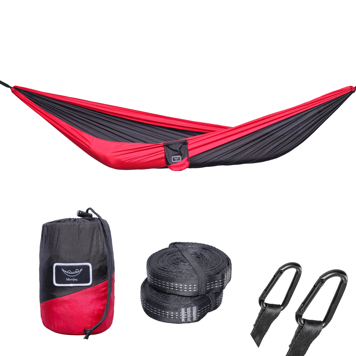 Hamac hikerjoy roșu cu negru, set complet cu săculeț, chingi și carabiniere