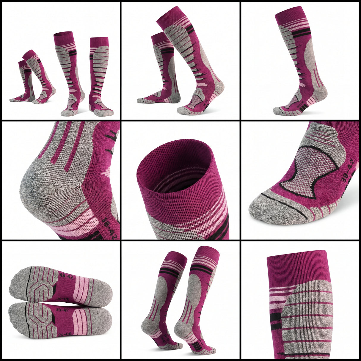 Sosete Schi/Snowboard Premium Lână Merinos. Compresie Gradată, Amortizare Șocuri, Anti-Miros. visiniu .Marime M (35 - 38)