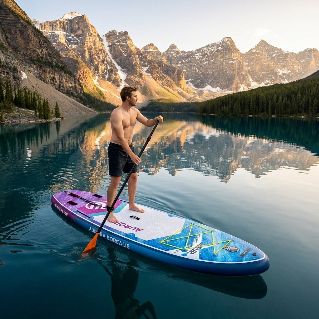 Placa SUP Aurora Borealis albastru-mov pe lac alpin cu munți în fundal