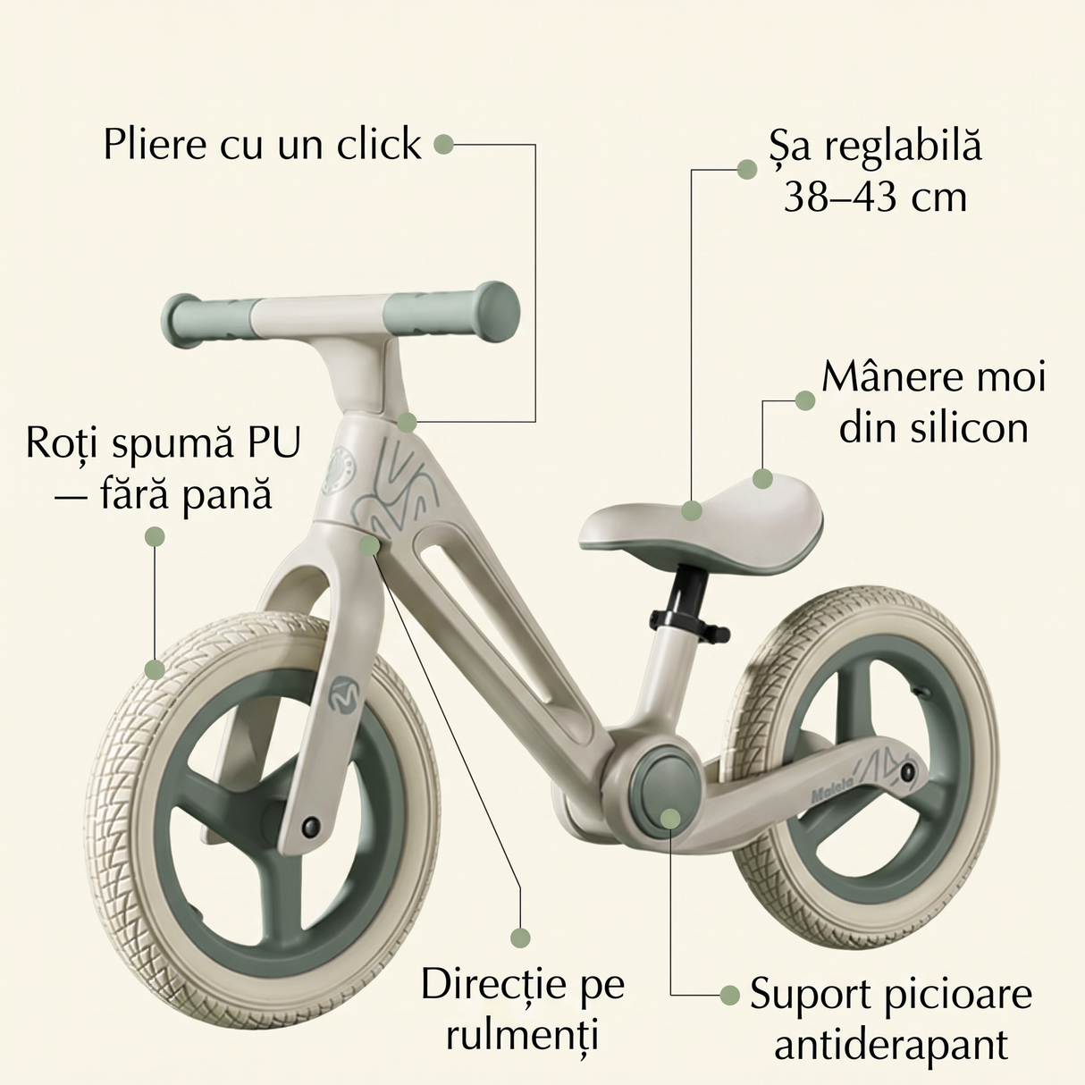 Caracteristici bicicletă fără pedale pliabilă: pliere cu un click, șa reglabilă 38–43 cm, roți spumă PU