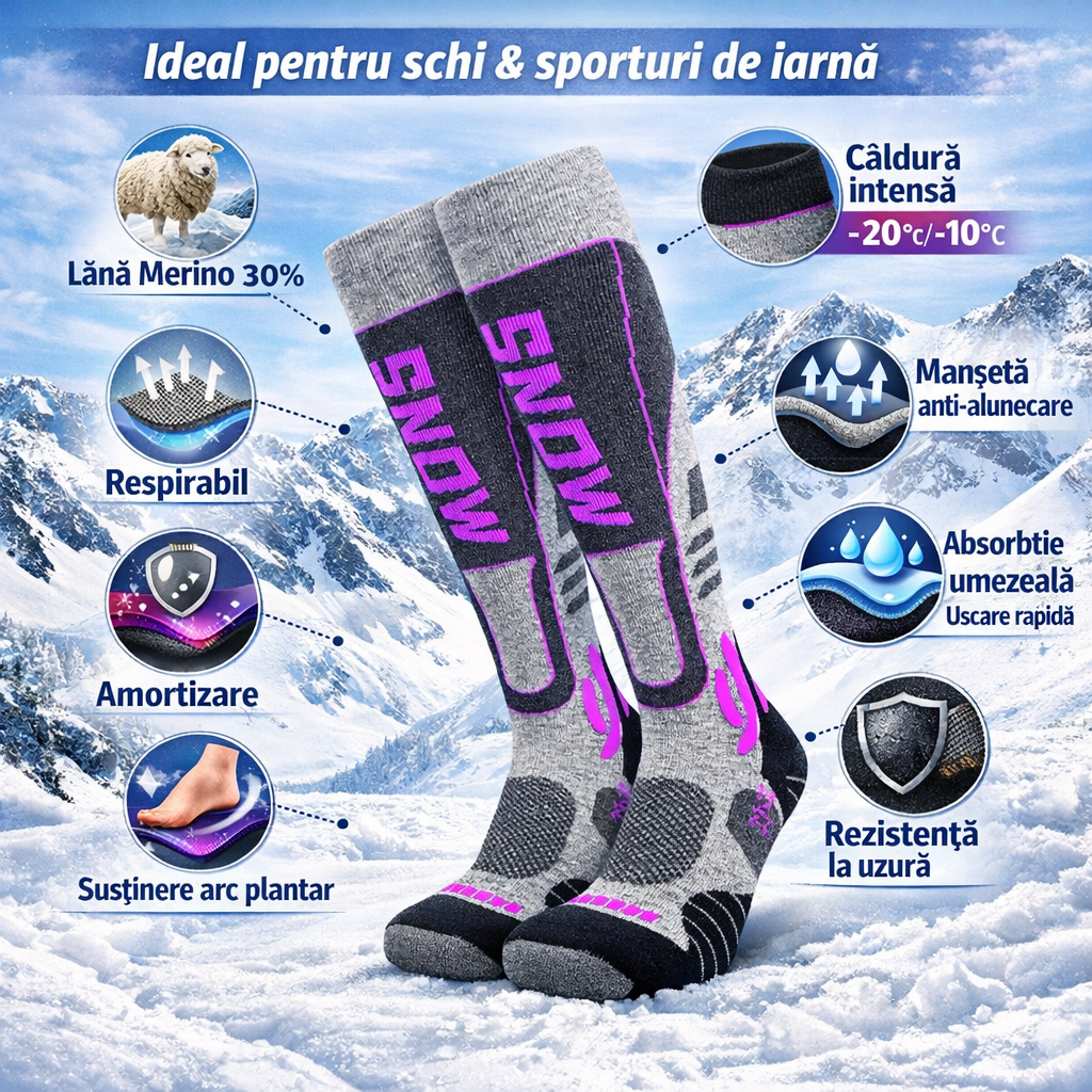 Sosete Ski hikerjoy Femei SNOW – Termice, Ranforsate, Gri/Roz Neon, Marime M