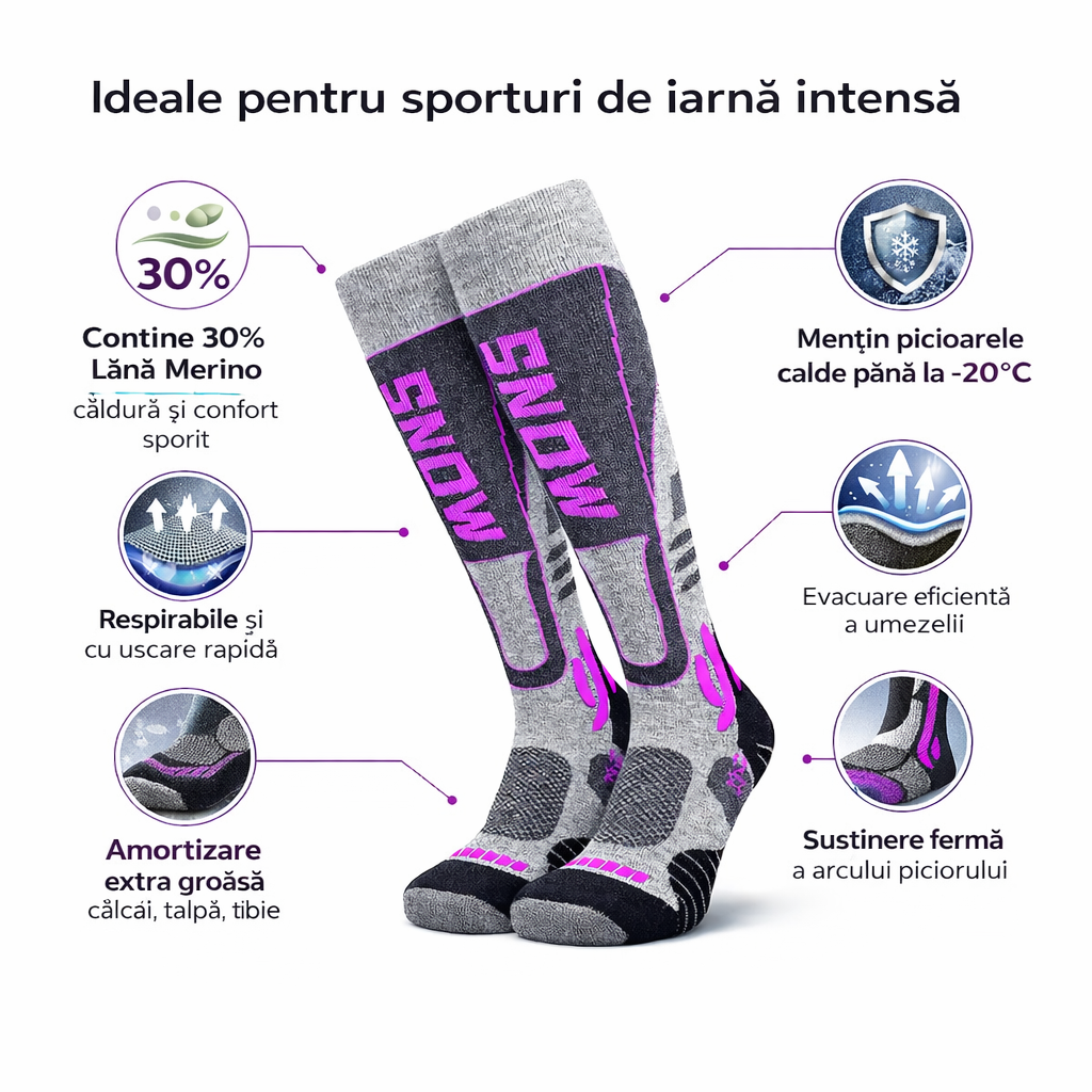 Sosete Ski hikerjoy Femei SNOW – Termice, Ranforsate, Gri/Roz Neon, Marime M