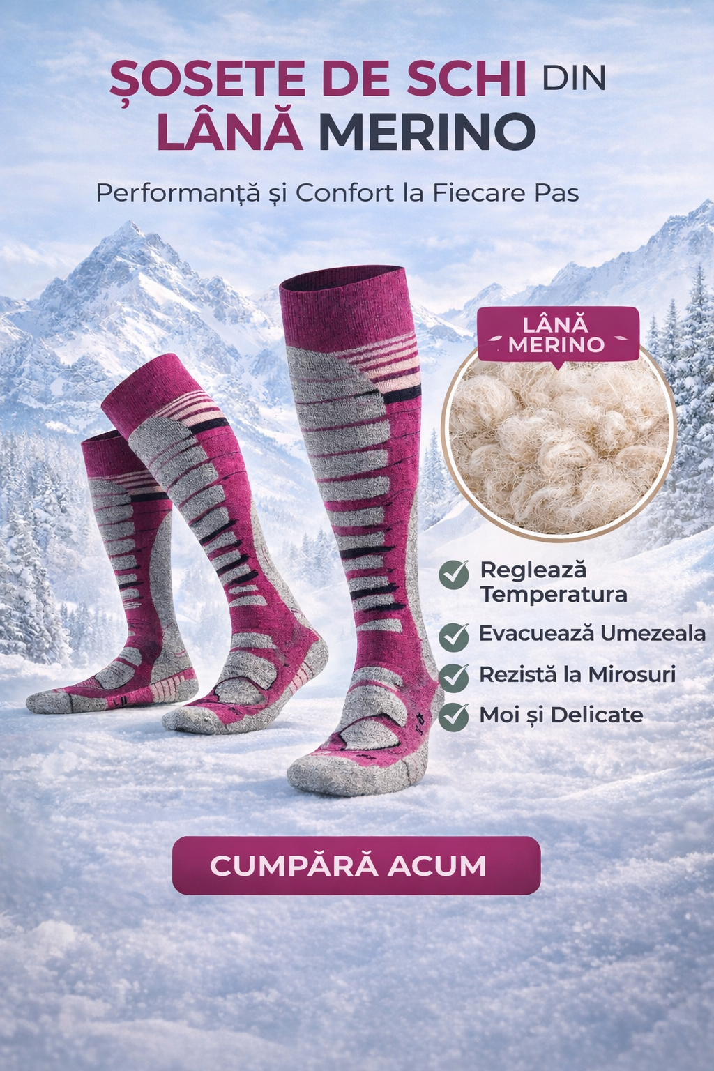 Sosete Schi/Snowboard Premium Lână Merinos. Compresie Gradată, Amortizare Șocuri, Anti-Miros. visiniu .Marime M (35 - 38)