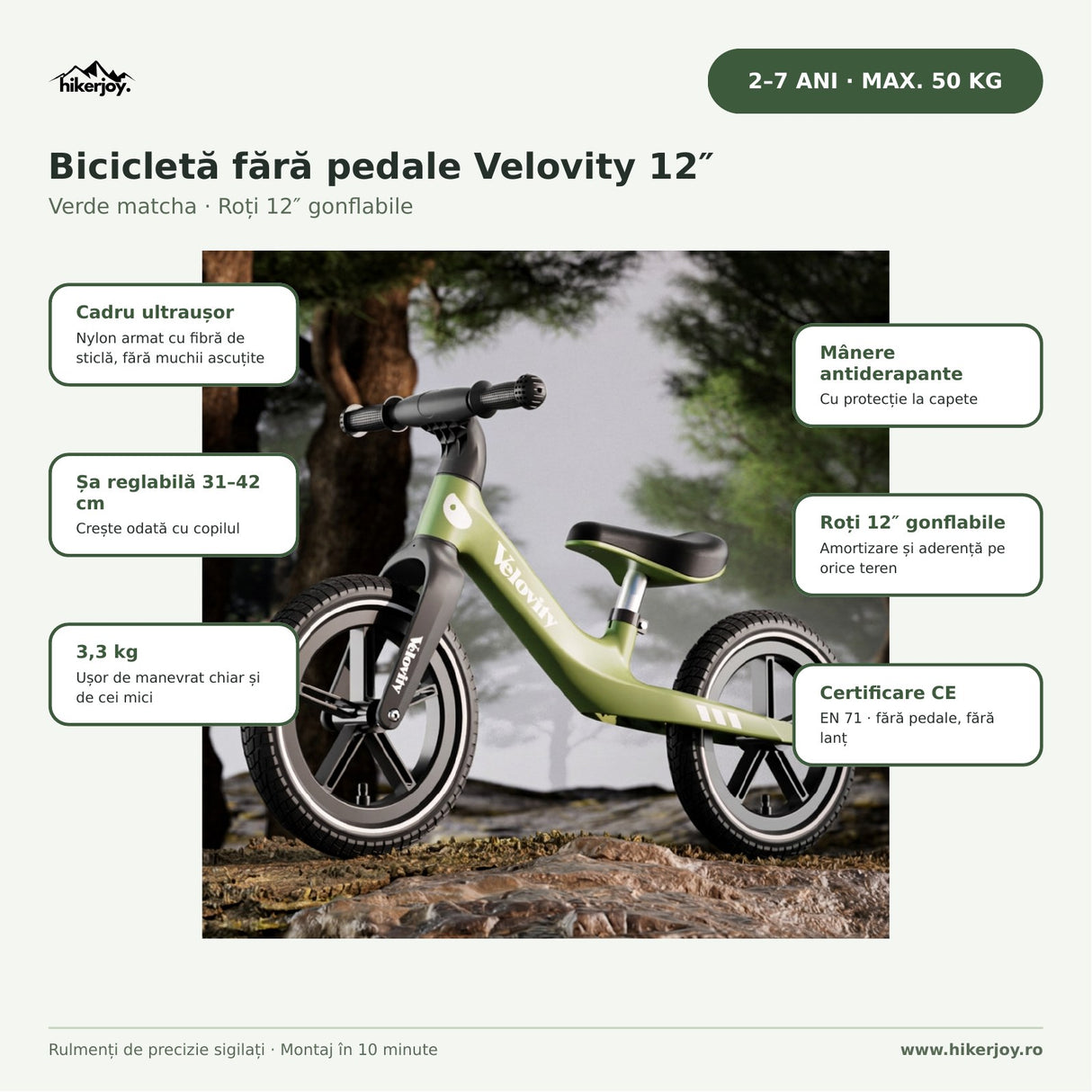 Infografic bicicletă fără pedale verde matcha cu roți gonflabile: șa reglabilă 31–42 cm, 2–7 ani, max. 50 kg