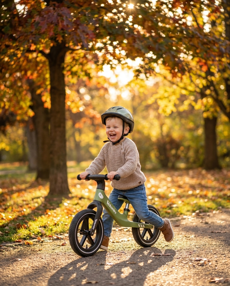 Copil fericit pe bicicleta fără pedale Velovity verde matcha, în parc toamna
