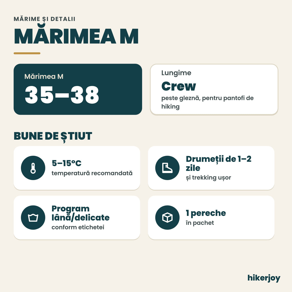 Mărimea M (35-38) pentru șosetele hiking merino hikerjoy, temperatură recomandată 5–15°C