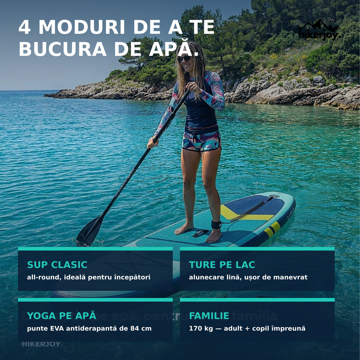 Utilizări placă SUP Azure: SUP clasic, ture pe lac, yoga pe apă, familie — capacitate 170 kg