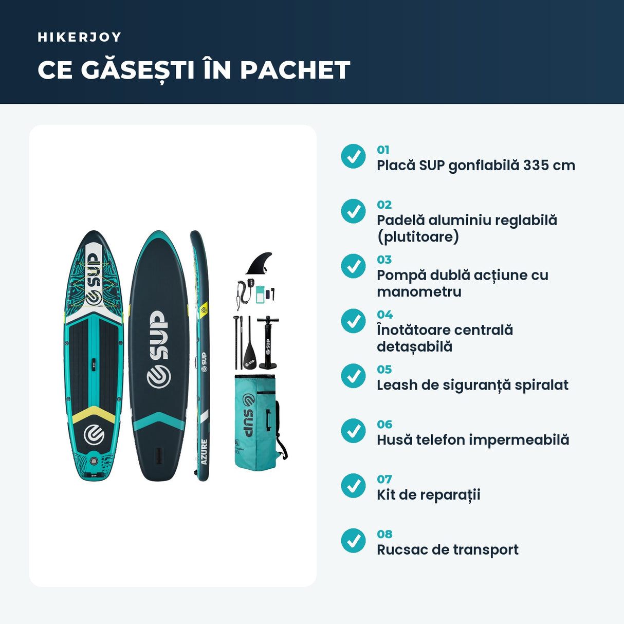 Pachet complet SUP: padelă, pompă, înotătoare, leash, husă telefon, kit reparații, rucsac