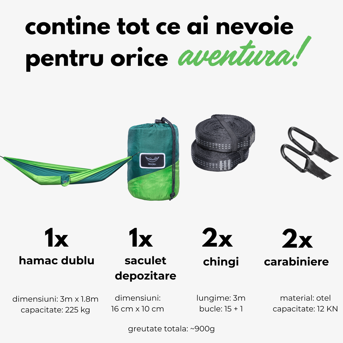 Hamac dublu hikerjoy forest green, set complet: 300 x 180 cm, 225 kg, săculeț, chingi și carabiniere