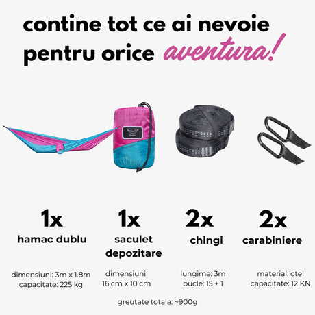 Hamac dublu hikerjoy roz cu bleu, set complet: 300 x 180 cm, 225 kg, săculeț, chingi și carabiniere