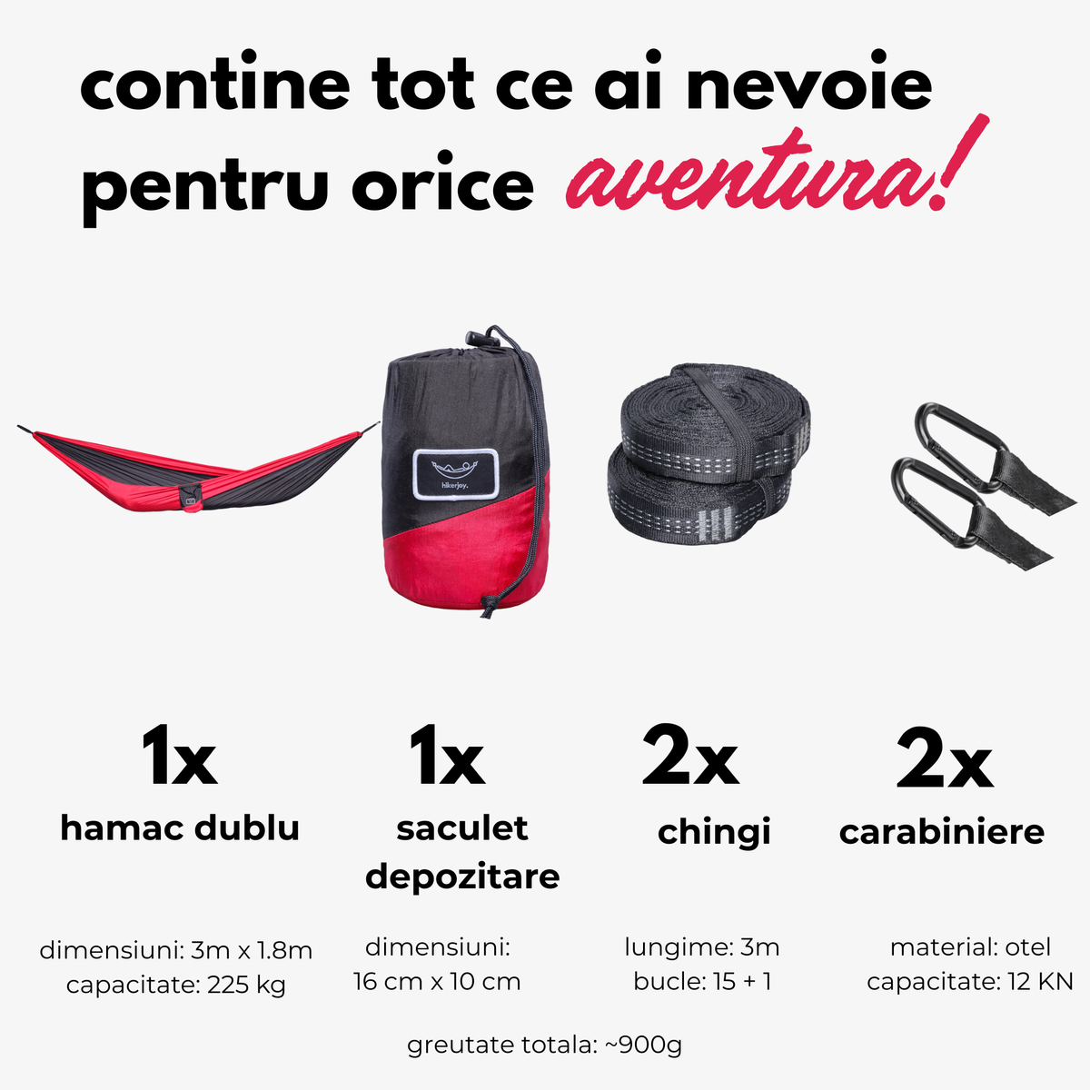 Hamac dublu hikerjoy roșu cu negru, set complet: 300 x 180 cm, 225 kg, săculeț, chingi și carabiniere