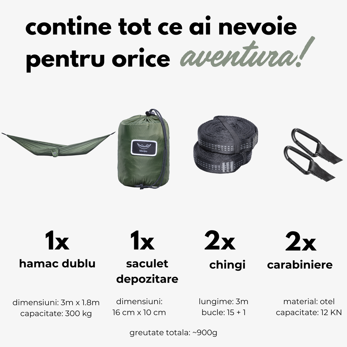 Hamac dublu hikerjoy PRO green army, set complet: 300 x 180 cm, 300 kg, săculeț, chingi și carabiniere