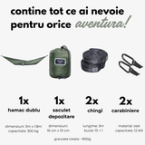 Hamac dublu hikerjoy PRO green army, set complet: 300 x 180 cm, 300 kg, săculeț, chingi și carabiniere