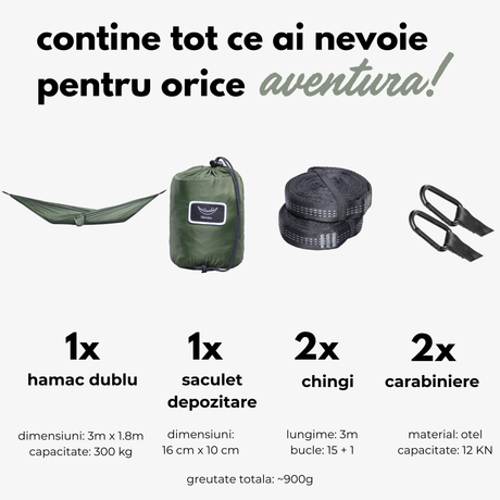 Hamac dublu hikerjoy PRO green army, set complet: 300 x 180 cm, 300 kg, săculeț, chingi și carabiniere