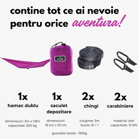 Hamac dublu hikerjoy PRO mov, set complet: 300 x 180 cm, 300 kg, săculeț, chingi și carabiniere