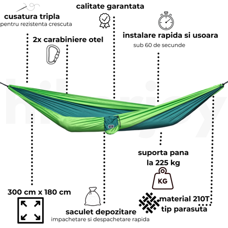 Hamac hikerjoy forest green, caracteristici: 300 x 180 cm, 225 kg, material 210T tip parașută