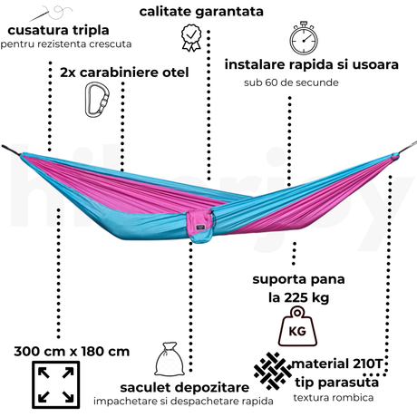 Hamac hikerjoy roz cu bleu, caracteristici: 300 x 180 cm, 225 kg, material 210T tip parașută