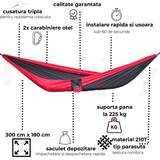 Hamac hikerjoy roșu cu negru, caracteristici: 300 x 180 cm, 225 kg, material 210T tip parașută