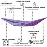Hamac hikerjoy alpine lavender, caracteristici: cusătură triplă, material 210T parașută, 300 x 180 cm