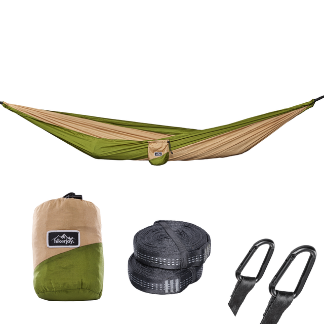 Hamac hikerjoy olive sand, set complet cu chingi și carabiniere pentru camping