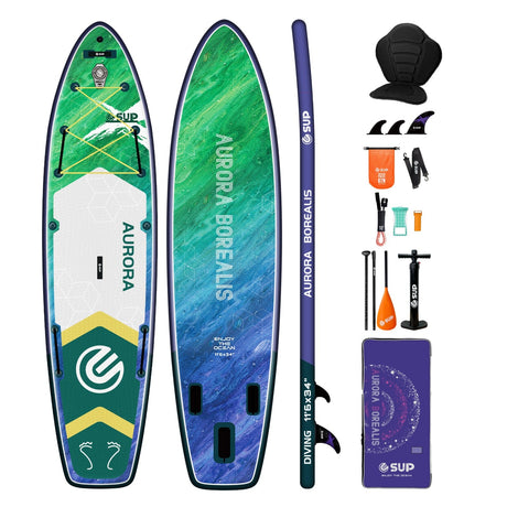 Placă SUP gonflabilă Aurora Borealis verde 350 cm, set complet cu padelă, pompă și accesorii, fundal alb
