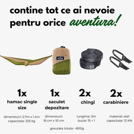 Hamac hikerjoy olive sand, specificații 225 kg și săculeț inclus