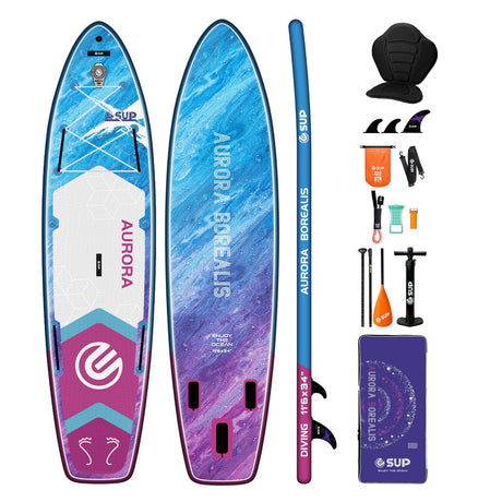Placă SUP gonflabilă Aurora Borealis albastru-mov 350 cm, set complet cu padelă, pompă și accesorii, fundal alb