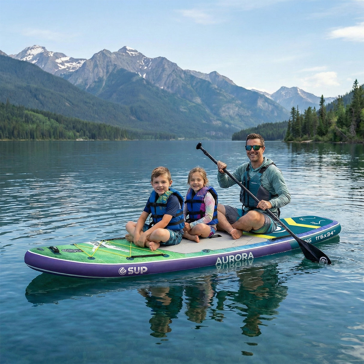 Familie pe placa SUP Aurora Borealis verde pe lac