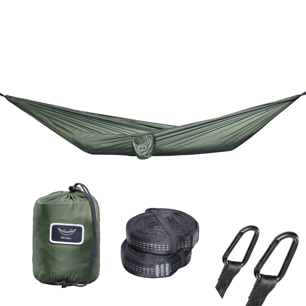 Hamac hikerjoy PRO green army, set complet cu săculeț, chingi și carabiniere