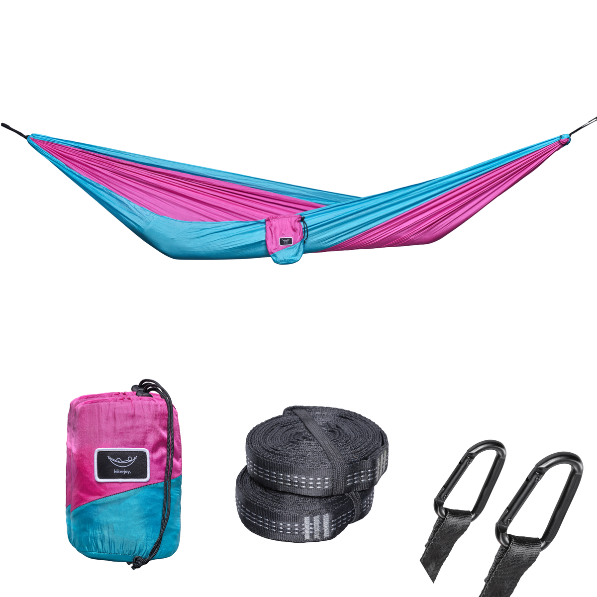 Hamac hikerjoy roz cu bleu, set complet cu săculeț, chingi și carabiniere
