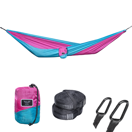 Hamac hikerjoy roz cu bleu, set complet cu săculeț, chingi și carabiniere