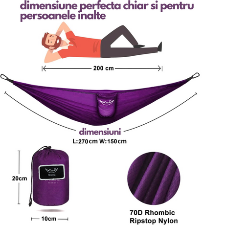 Hamac hikerjoy PRO mov pliat compact în săculeț de transport pentru rucsac