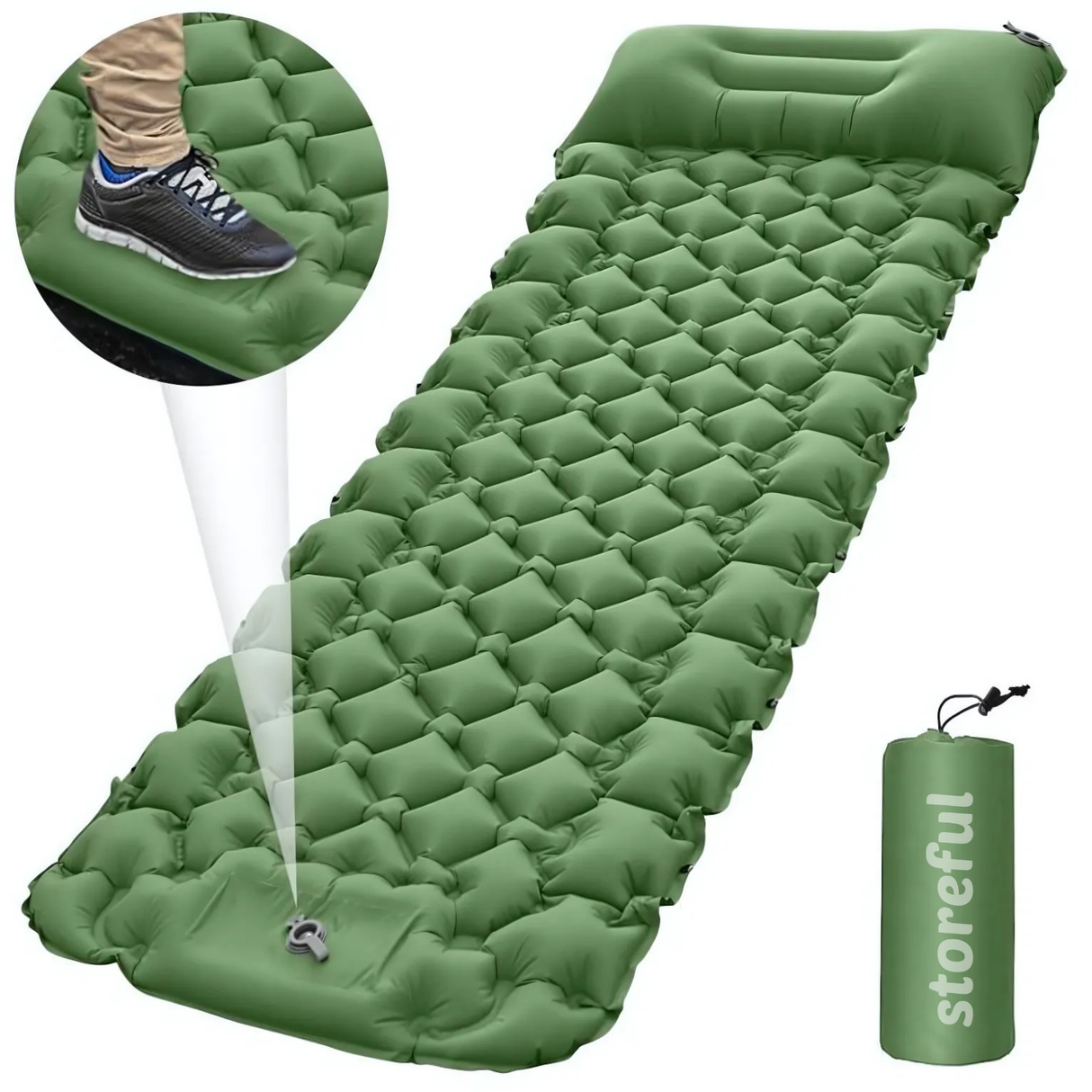 Saltea autogonflabilă camping verde cu pompă integrată și pernă - Storeful