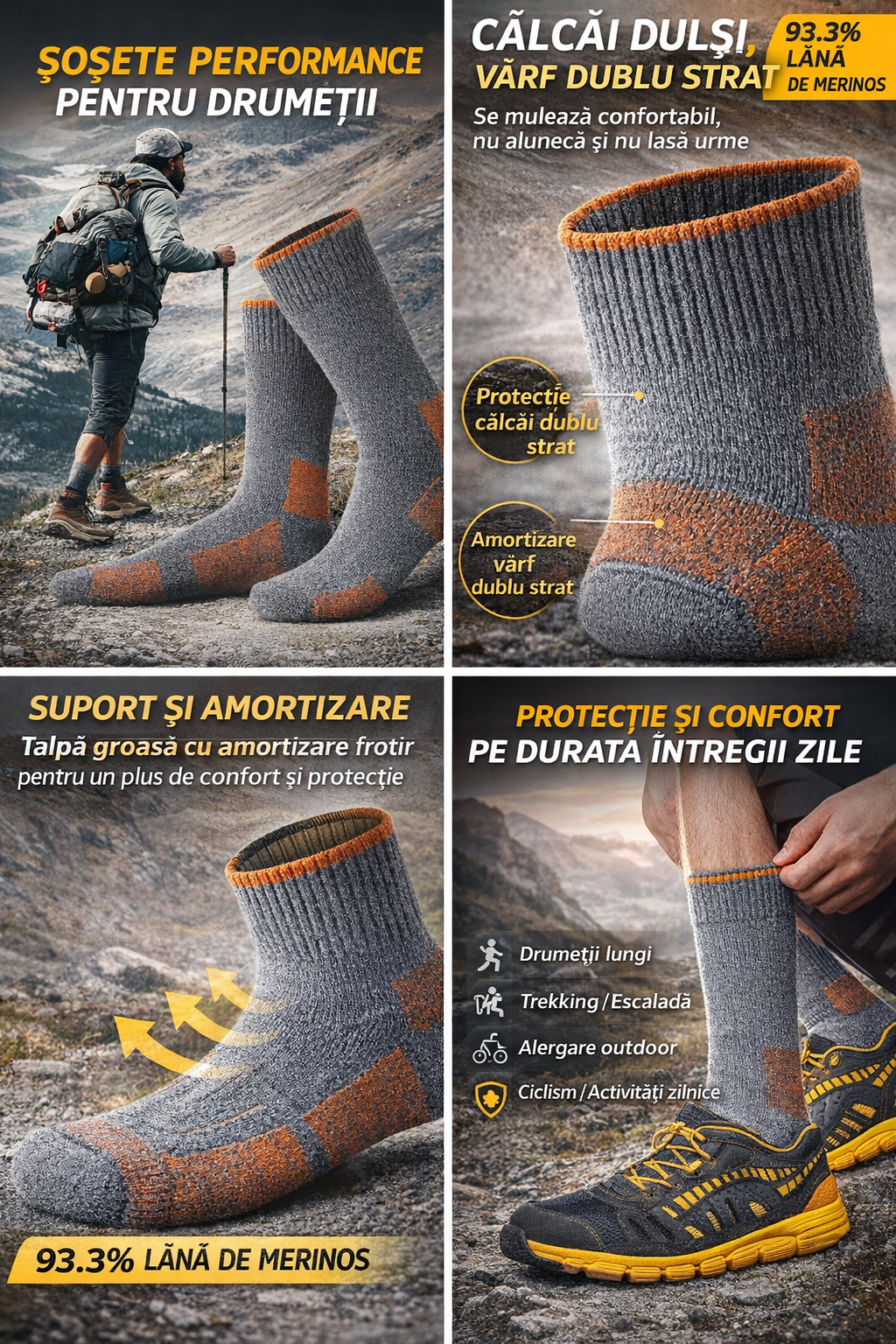 Sosete tehnice de Drumeție Lână Merinos 93% - Termice, Munte & Outdoor