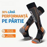 Sosete Ski/snowboard Tehnice 30% Lână  merino"SNOW" - Termice & Ergonomice, Unisex (Negru/Portocaliu)
