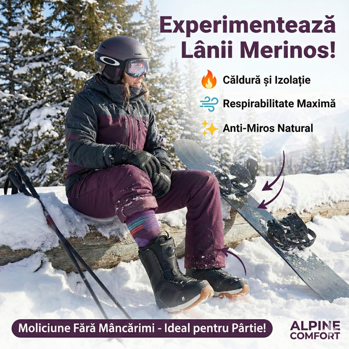 Sosete Schi/Snowboard Premium Lână Merinos. Compresie Gradată, Amortizare Șocuri, Anti-Miros. Mov.Marime M (35 - 38)