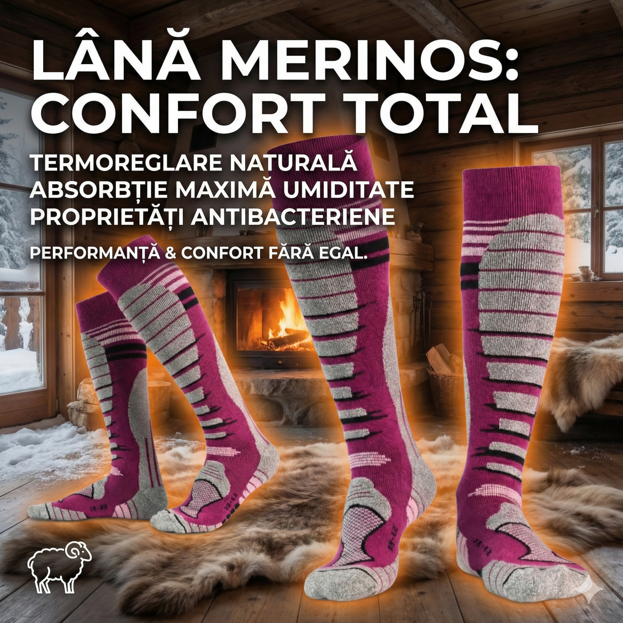 Sosete Schi/Snowboard Premium Lână Merinos. Compresie Gradată, Amortizare Șocuri, Anti-Miros. visiniu .Marime M (35 - 38)