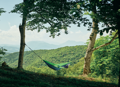 Hamac hikerjoy forest green montat între doi copaci, peisaj montan
