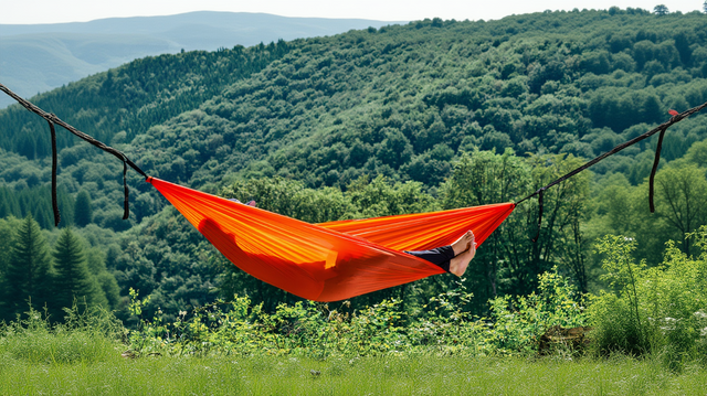 Hamac hikerjoy PRO portocaliu, material ripstop 70D rezistent, capacitate 300 kg pentru camping și drumeții