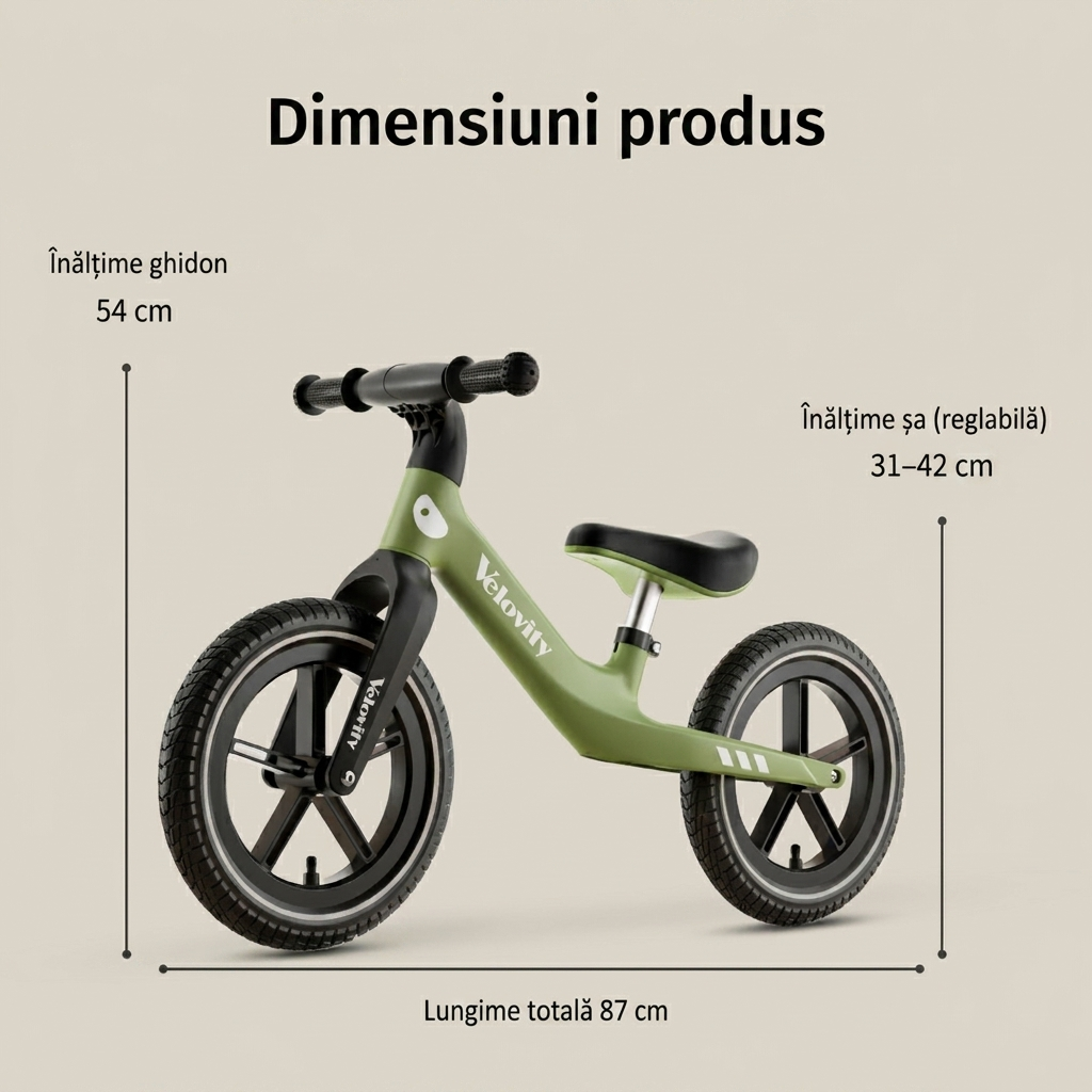 Dimensiuni bicicletă fără pedale: lungime totală 87 cm, șa reglabilă 31–42 cm