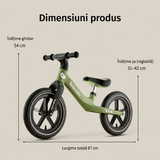 Dimensiuni bicicletă fără pedale Velovity: lungime 87 cm, șa reglabilă 31–42 cm