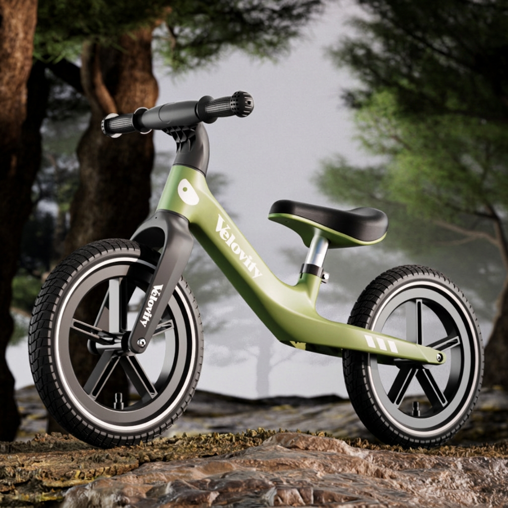 Bicicletă de echilibru verde matcha cu roți gonflabile de 12″